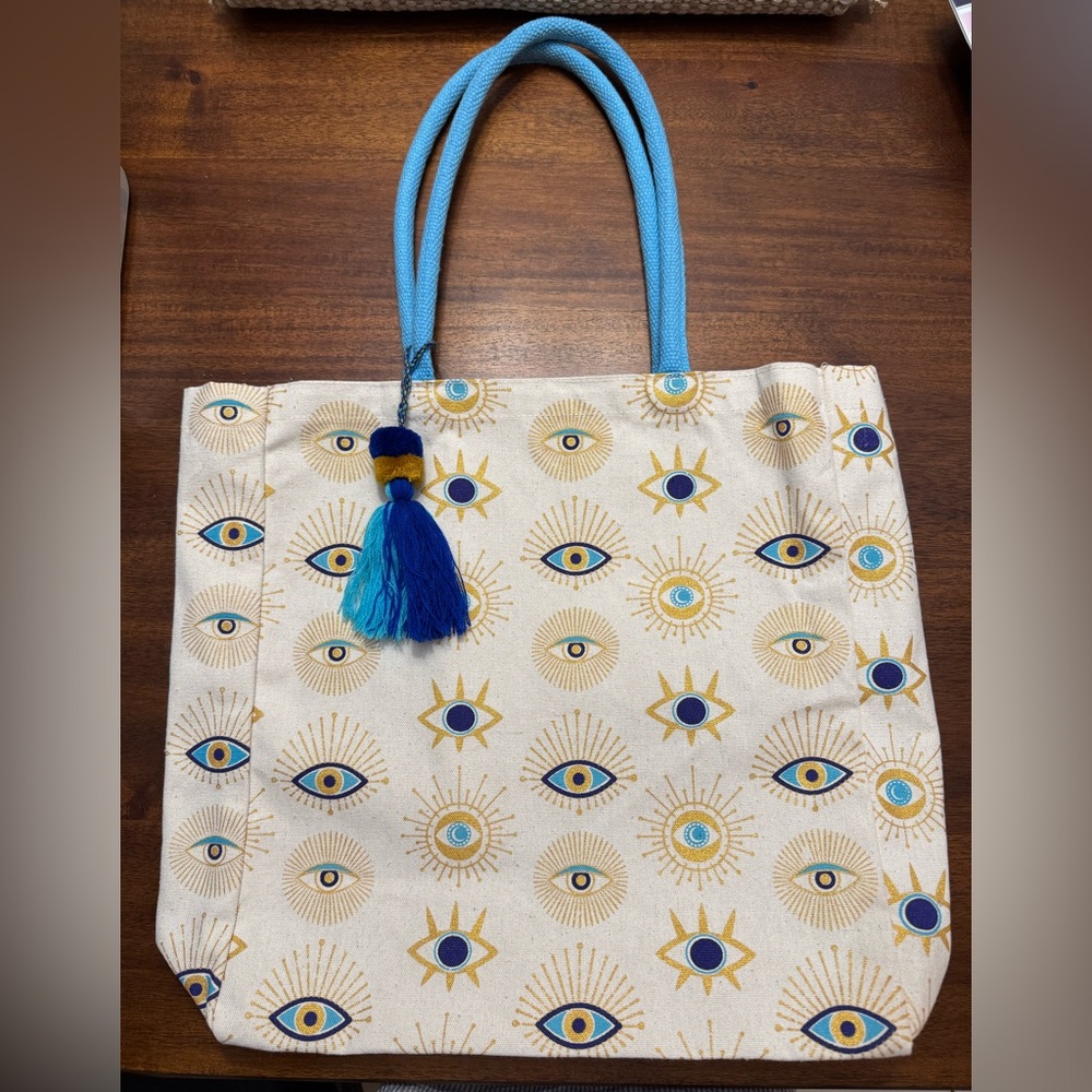 Stylish Eye Print Tote Bag - Cream and Blue